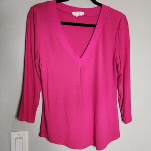 Anthropologie Pink Ribbed Jersey Modal V-Neck 3/4 Sleeve Top Size Medium